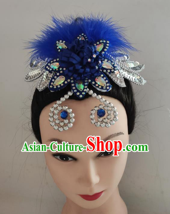 China Folk Dance Royalblue Feather Hair Stick Woman Yangko Group Dance Hair Accessories Traditional Fan Dance Headpiece