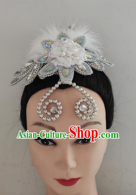 China Traditional Fan Dance Headpiece Folk Dance White Feather Hair Stick Woman Yangko Group Dance Hair Accessories