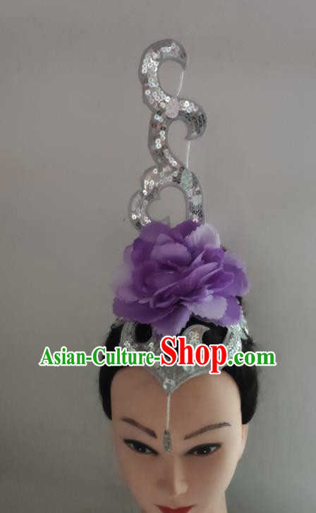China Folk Dance Yangko Performance Purple Peony Hair Crown Woman Group Dance Hair Accessories Traditional Fan Dance Headdress