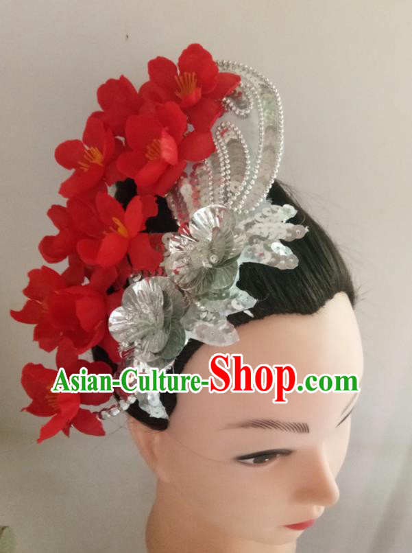 China Woman Group Dance Hair Accessories Traditional Yangko Dance Headpiece Folk Dance Fan Performance Red Peach Blossom Hair Stick