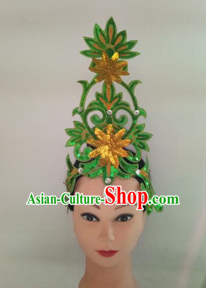 China Traditional Stage Performance Green Sequins Headpiece Folk Dance Headwear Fan Dance Hair Stick Woman Group Dance Hair Accessories