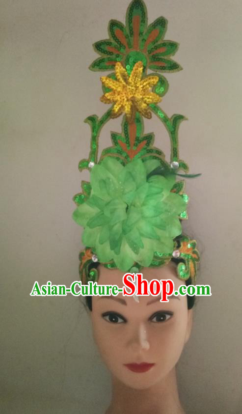 China Female Group Dance Hair Accessories Traditional Stage Performance Headpiece Folk Dance Green Sequins Headwear Fan Dance Hair Stick