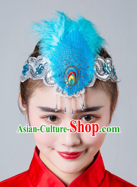 China Female Peacock Dance Headpiece Traditional Hair Accessories Folk Dance Blue Feather Headband Yangko Dance Hair Clasp