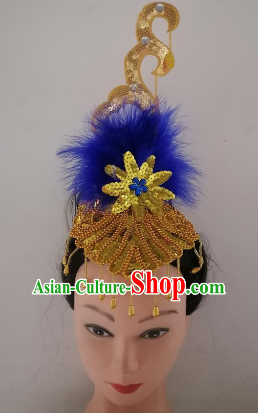 China Traditional Yangko Dance Hair Crown Woman Group Dance Royalblue Feather Hair Clasp Folk Dance Headpiece