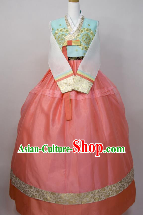 Korea Traditional Court Festival Clothing Wedding Fashion Costumes Korean Bride Hanbok Blue Blouse and Pink Dress