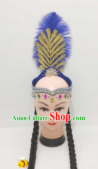 China Uyghur Minority Performance Headwear Uighur Nationality Blue Feather Headband Xinjiang Ethnic Folk Dance Hair Accessories