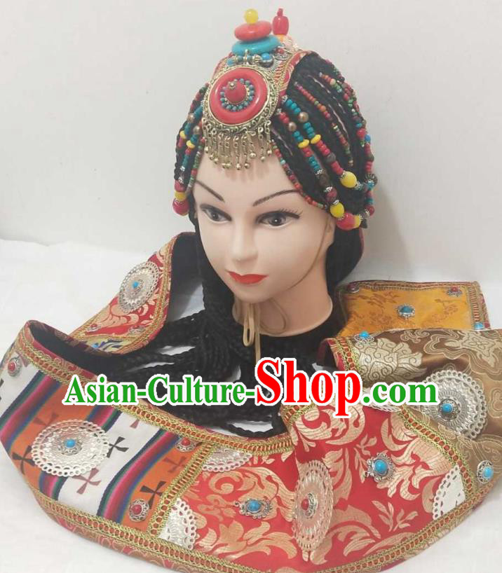 China Zang Ethnic Folk Dance Hair Accessories Minority Performance Headwear Tibetan Nationality Headdress