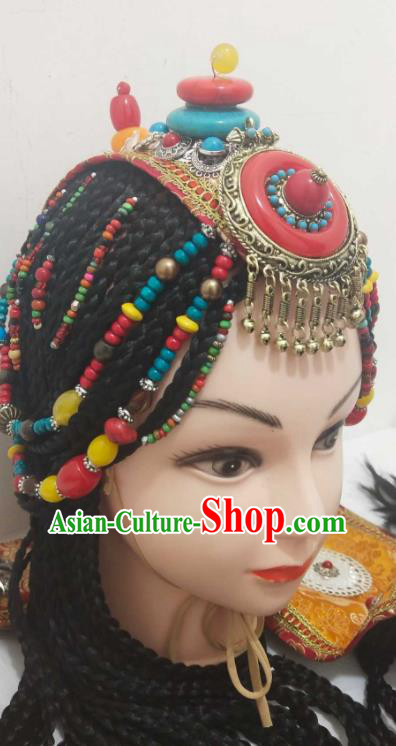 China Zang Ethnic Folk Dance Hair Accessories Minority Performance Headwear Tibetan Nationality Headdress