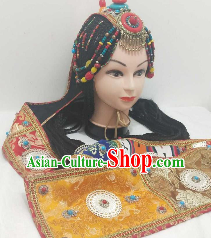 China Zang Ethnic Folk Dance Hair Accessories Minority Performance Headwear Tibetan Nationality Headdress