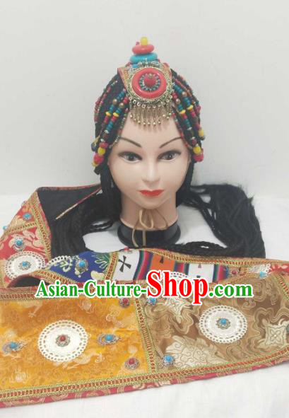 China Zang Ethnic Folk Dance Hair Accessories Minority Performance Headwear Tibetan Nationality Headdress
