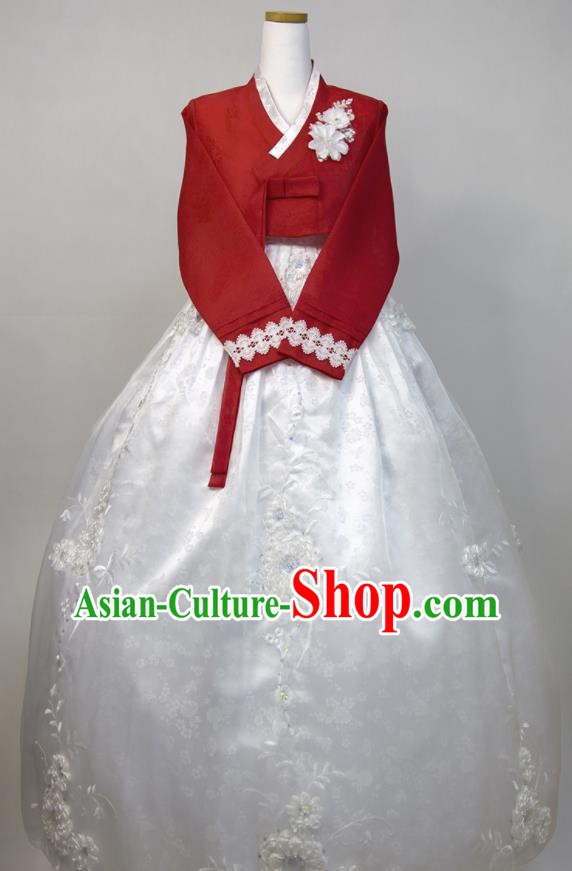 Korean Traditional Court Princess Clothing Korea Classical Wedding Fashion Costumes Bride Hanbok Red Blouse and White Dress