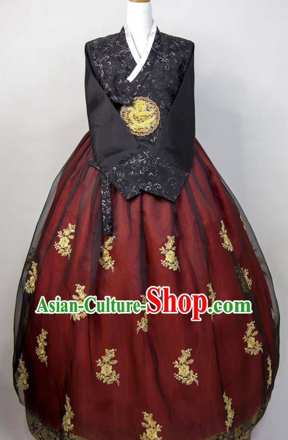 Korea Young Woman Hanbok Black Lace Blouse and Red Dress Traditional Court Bride Clothing Korean Classical Wedding Fashion Costumes