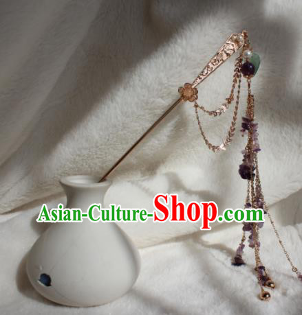 China Tang Dynasty Empress Golden Hairpin Traditional Hanfu Hair Accessories Ancient Princess Amethyst Tassel Hair Stick
