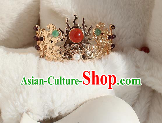 Chinese Ancient Emperor Headpieces Traditional Jin Dynasty Noble Childe Golden Flame Hair Crown and Hairpin Headdress