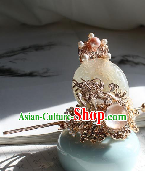 Chinese Traditional Ming Dynasty Imperial Guards Jade Hair Crown and Golden Hairpin Ancient Royal Prince Headpieces
