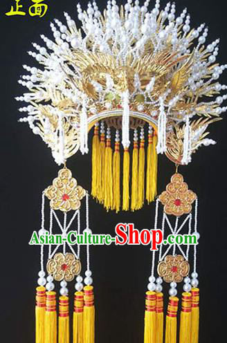 Chinese Traditional Opera Princess Pearls Phoenix Coronet Peking Opera Hua Tan Headdress Beijing Opera Empress Golden Hat