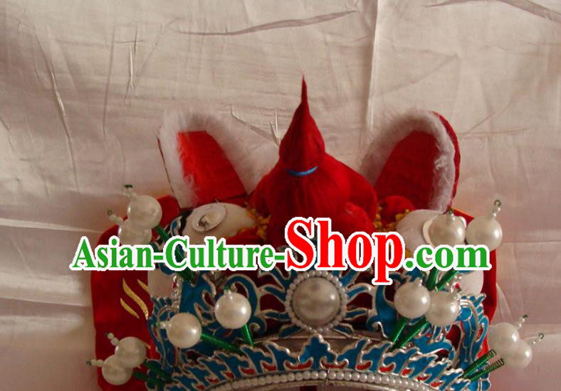 China Traditional Peking Opera Takefu Red Tiger Helmet Beijing Opera Wusheng Hat Opera Performance Warrior Headwear