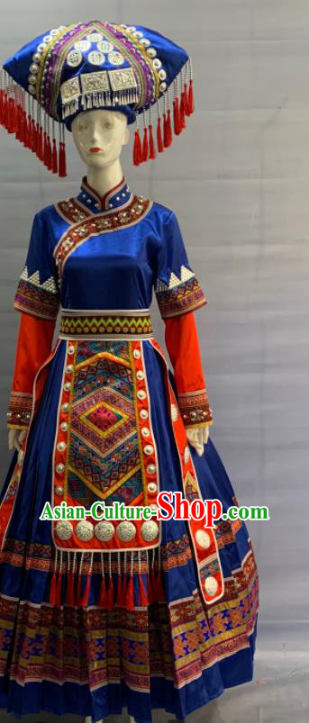 Chinese Guangxi Ethnic Bride Garment Costume Zhuang Nationality Wedding Clothing Minority Folk Dance Royalblue Dress Uniforms