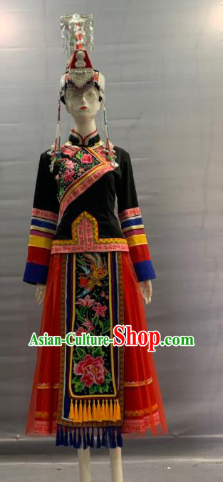 Chinese She Nationality Clothing Minority Folk Dance Dress Uniforms Guangdong Ethnic Festival Garment Costume and Silver Headwear