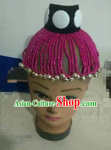 Handmade Chinese Lisu Nationality Folk Dance Bells Tassel Headdress Yunnan Ethnic Woman Rosy Beads Hat