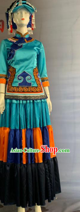Chinese Yi Nationality Torch Festival Clothing Minority Folk Dance Blue Dress Uniforms Sichuan Ethnic Female Garment Costume and Headwear