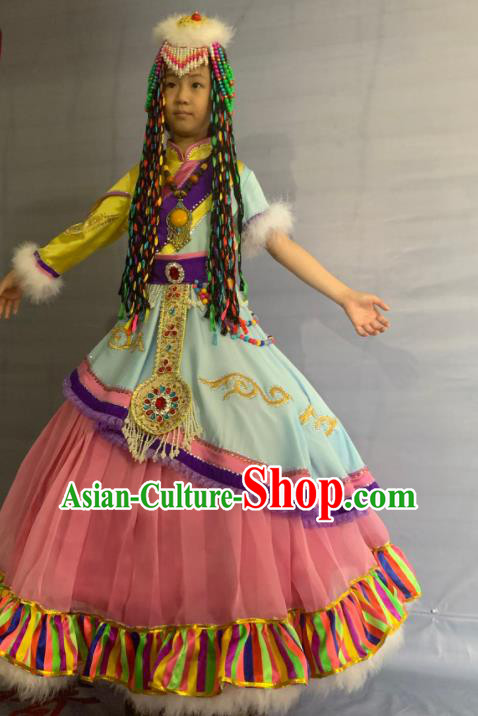 China Tibetan Ethnic Girl Garment Costumes Traditional Zang Nationality Folk Dance Dress Clothing and Headdress