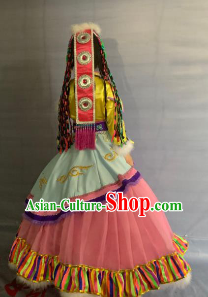China Tibetan Ethnic Girl Garment Costumes Traditional Zang Nationality Folk Dance Dress Clothing and Headdress