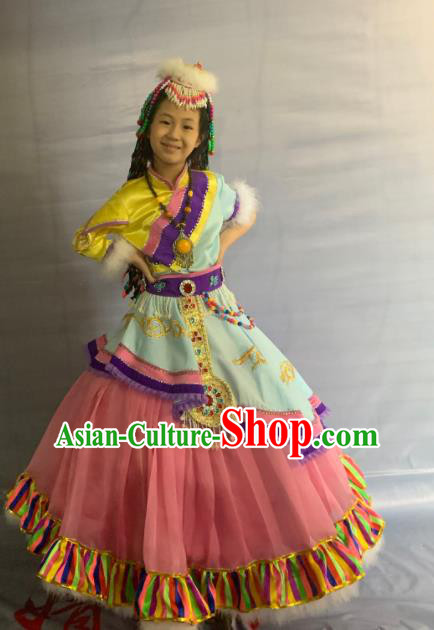 China Tibetan Ethnic Girl Garment Costumes Traditional Zang Nationality Folk Dance Dress Clothing and Headdress