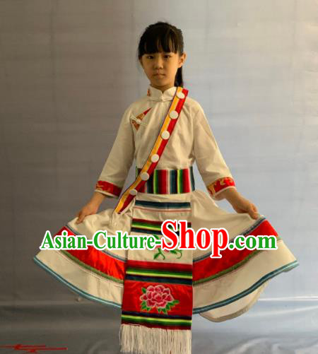 China Yunnan Ethnic Girl Garment Costumes Traditional Lisu Nationality Folk Dance White Dress Clothing