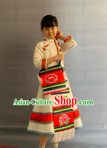 China Yunnan Ethnic Girl Garment Costumes Traditional Lisu Nationality Folk Dance White Dress Clothing