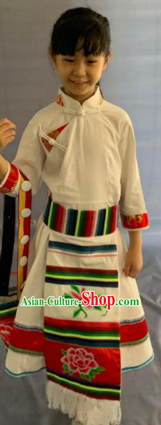 China Yunnan Ethnic Girl Garment Costumes Traditional Lisu Nationality Folk Dance White Dress Clothing