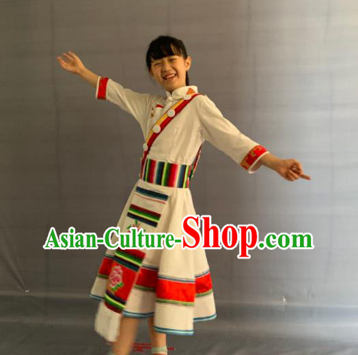 China Yunnan Ethnic Girl Garment Costumes Traditional Lisu Nationality Folk Dance White Dress Clothing