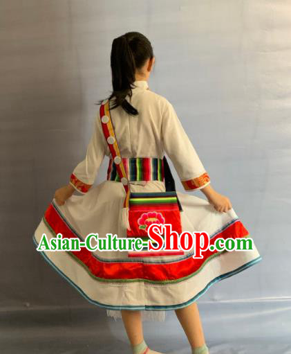 China Yunnan Ethnic Girl Garment Costumes Traditional Lisu Nationality Folk Dance White Dress Clothing