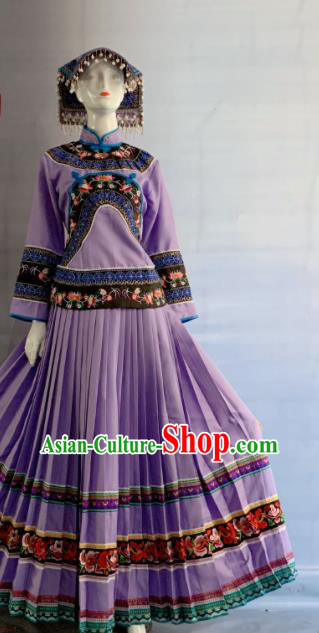 Chinese Bouyei Nationality Woman Clothing Puyi Minority Folk Dance Purple Dress Uniforms Guizhou Ethnic Festival Garment Costume and Headpiece
