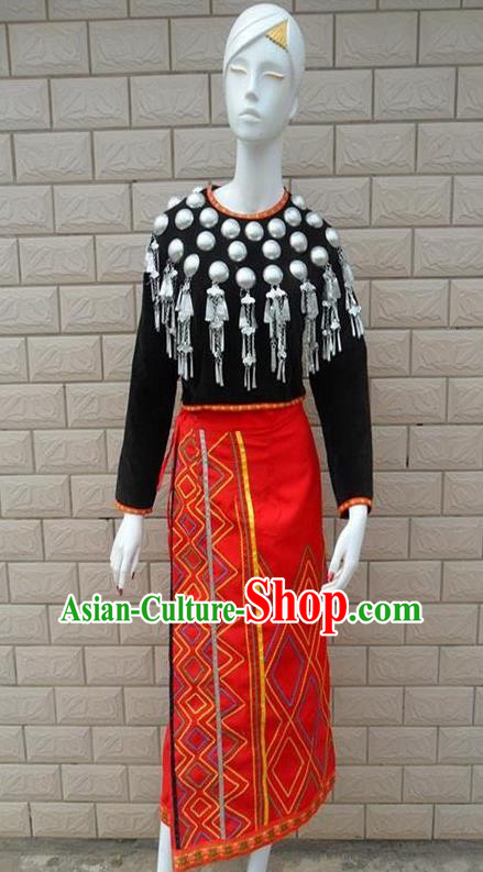 Chinese Jingpo Nationality Folk Dance Clothing Wa Minority Red Skirt Uniforms Yunnan Ethnic Woman Garment Costumes