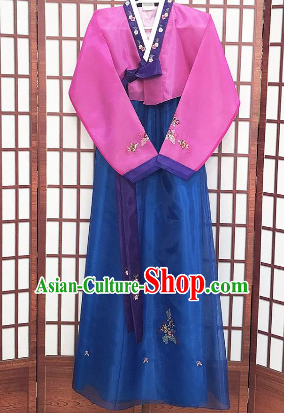 Korean Traditional Hanbok Costume Bride Garments Court Fashion Clothing Wedding Rosy Blouse and Blue Dress
