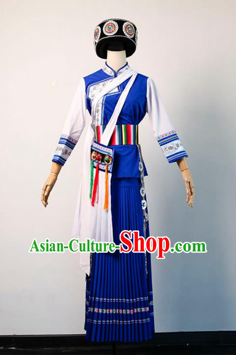 Chinese Minority Stage Performance Clothing Bai Nationality Female Blue Dress Yunnan Ethnic Folk Dance Garment Costumes