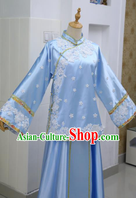 China Ancient Manchu Woman Blue Dress Cosplay Qing Dynasty Palace Princess Garments Traditional Drama Princess of Pearl Xia Ziwei Clothing