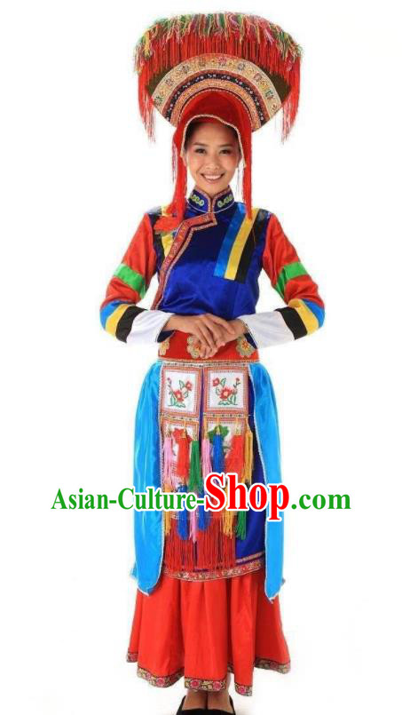 Chinese Tujia Nationality Wedding Clothing Tu Minority Dance Performance Red Dress Uniforms Xiangxi Ethnic Bride Garment Costumes and Headdress