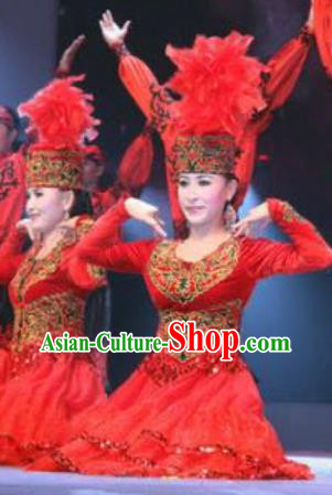 Chinese Kyrgyz Nationality Performance Clothing Khalkhas Minority Folk Dance Red Dress Uniforms Xinjiang Ethnic Garment Costumes and Headdress