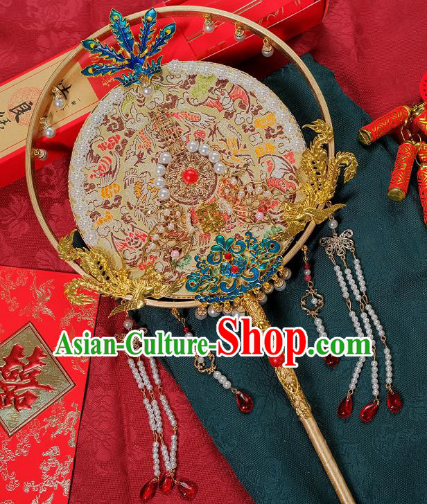 China Bride Cloisonne Phoenix Palace Fan Classical Dance Circular Fan Handmade White Silk Fan Traditional Wedding Pearls Fan