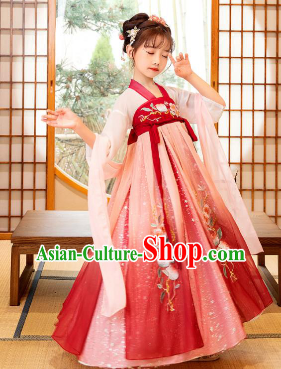 Chinese Traditional Red Hanfu Dress Ancient Tang Dynasty Princess Garment Children Performance Clothing