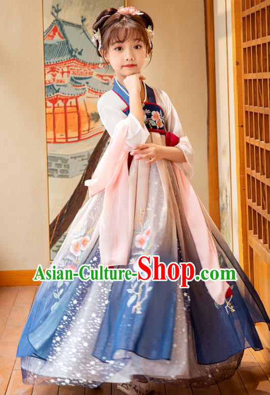 Chinese Children Performance Clothing Traditional Blue Hanfu Dress Ancient Tang Dynasty Princess Garment