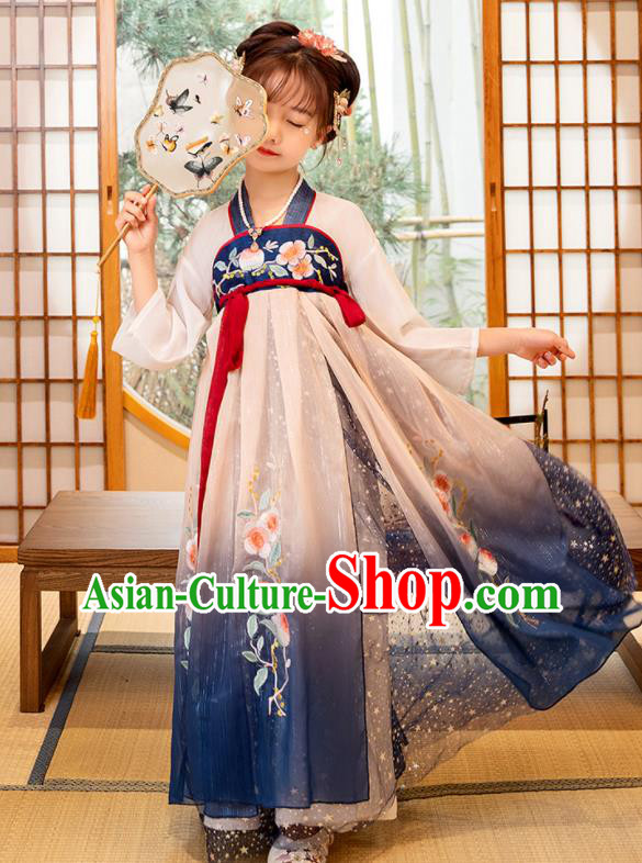 Chinese Children Performance Clothing Traditional Blue Hanfu Dress Ancient Tang Dynasty Princess Garment