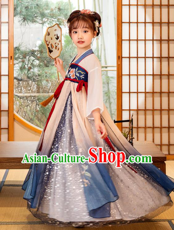 Chinese Children Performance Clothing Traditional Blue Hanfu Dress Ancient Tang Dynasty Princess Garment