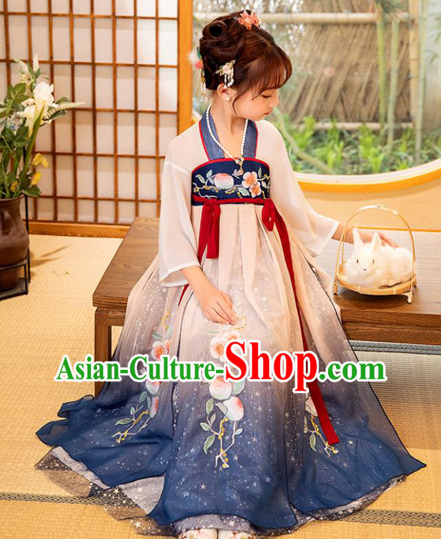 Chinese Children Performance Clothing Traditional Blue Hanfu Dress Ancient Tang Dynasty Princess Garment