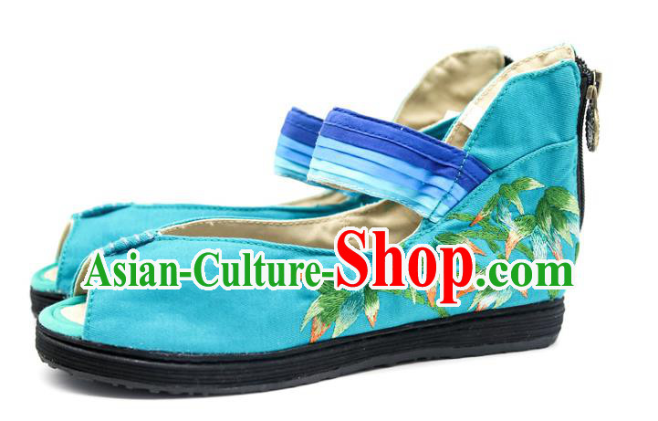 Handmade China Green Canvas Shoes National Folk Dance Sandal Shoes Embroidered Bamboo Plimsolls Shoes