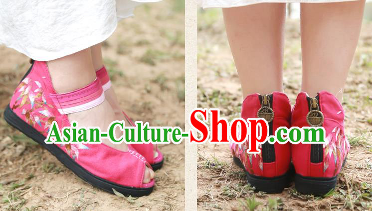 China National Folk Dance Sandal Shoes Embroidered Bamboo Plimsolls Shoes Handmade Rosy Canvas Shoes