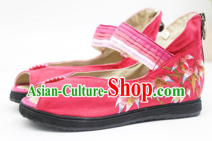 China National Folk Dance Sandal Shoes Embroidered Bamboo Plimsolls Shoes Handmade Rosy Canvas Shoes