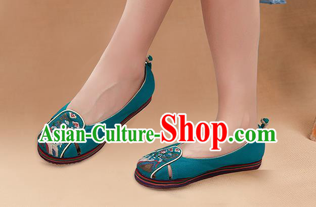China Handmade Old Beijing Cloth Shoes National Folk Dance Shoes Embroidered Green Canvas Shoes